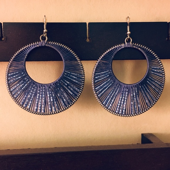 Blue Beaded Circular Hoop Earrings - Picture 2 of 2